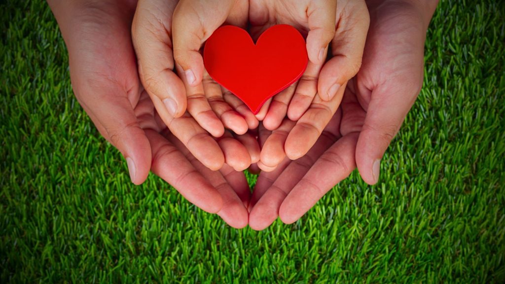 Hands holding a red heart on green grass, symbolizing love and care. Protecting lives by fire alarm systems